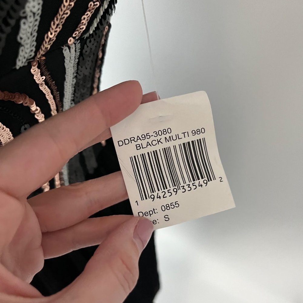 NWT Dress The Population Kady Sequin Block Print Tiered Dress in Black Multi Sml - Picture 7 of 15